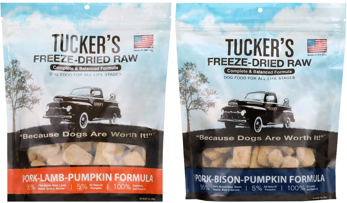 Tucker's Raw Frozen, bolsa cerdo-cordero-calabaza, dieta alta proteína para perros.