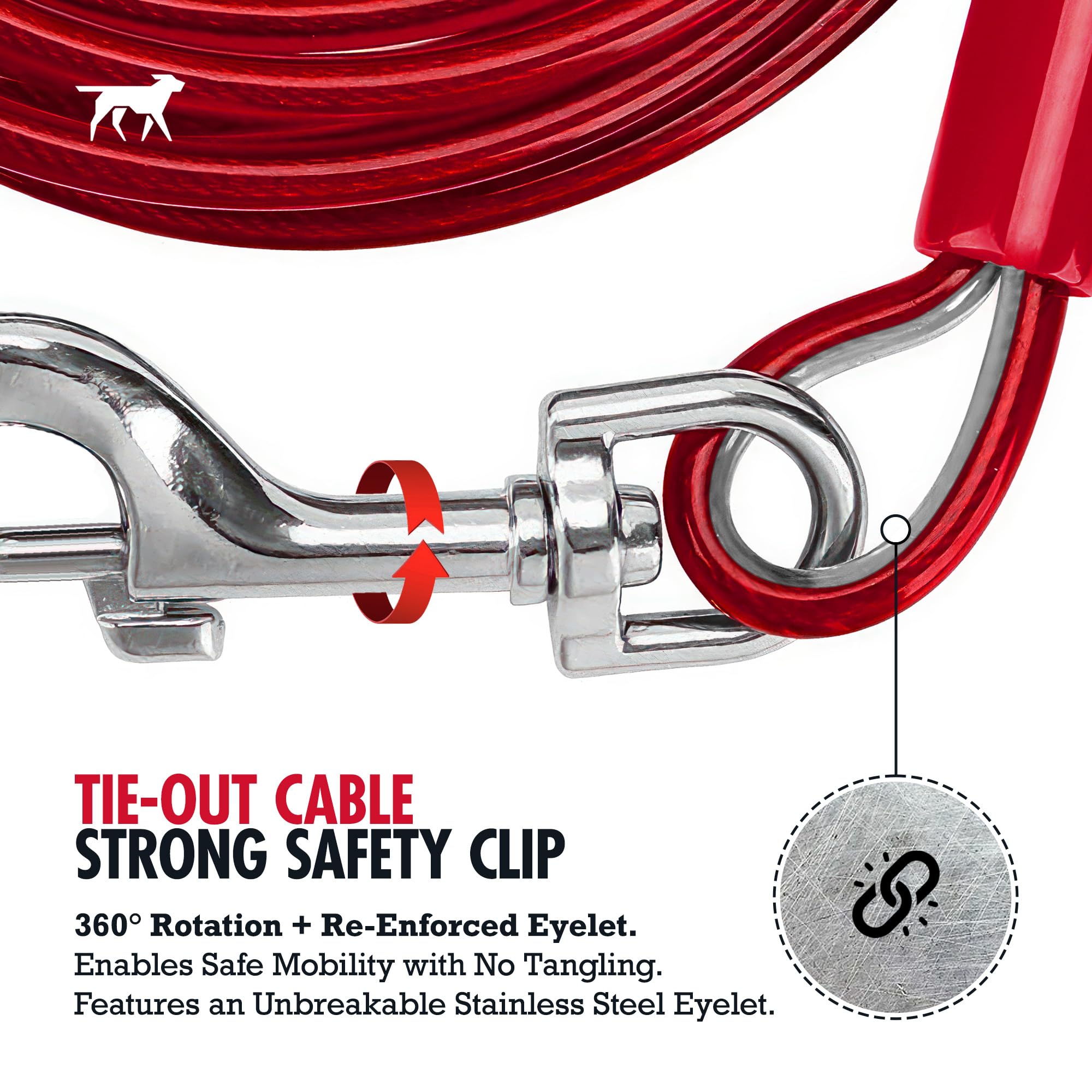 Tuff Pupper anillos de refuerzo protegen el extremo del cable ante el desgaste.