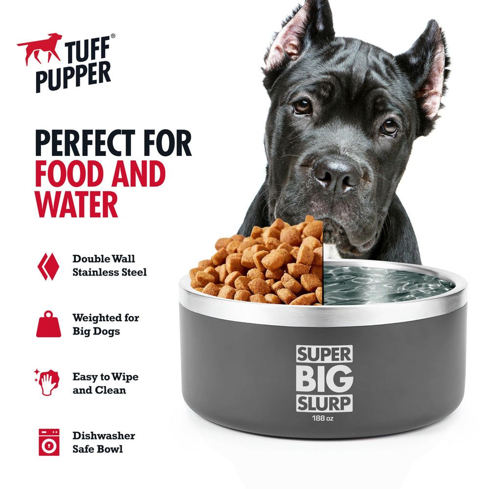 Base antideslizante de Tuff Pupper evita vuelcos durante la comida.