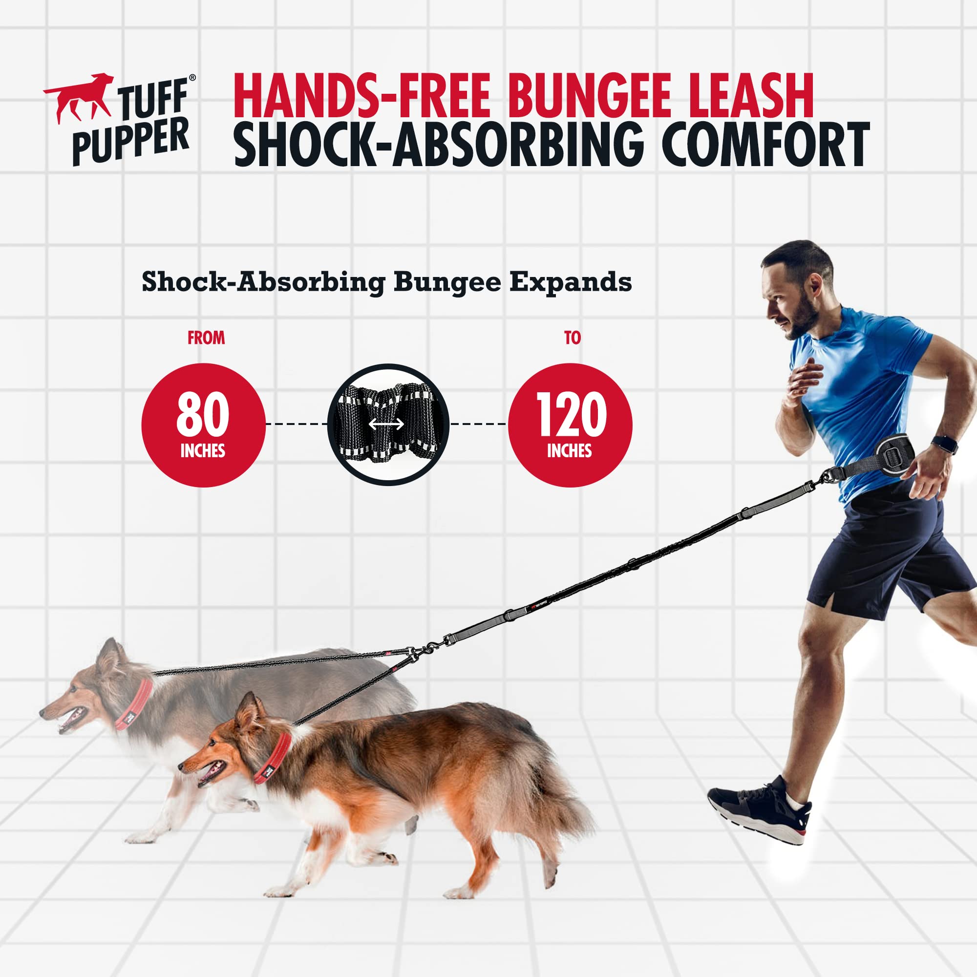 La correa bungee de Tuff Pupper ofrece visibilidad nocturna con costuras 3M.