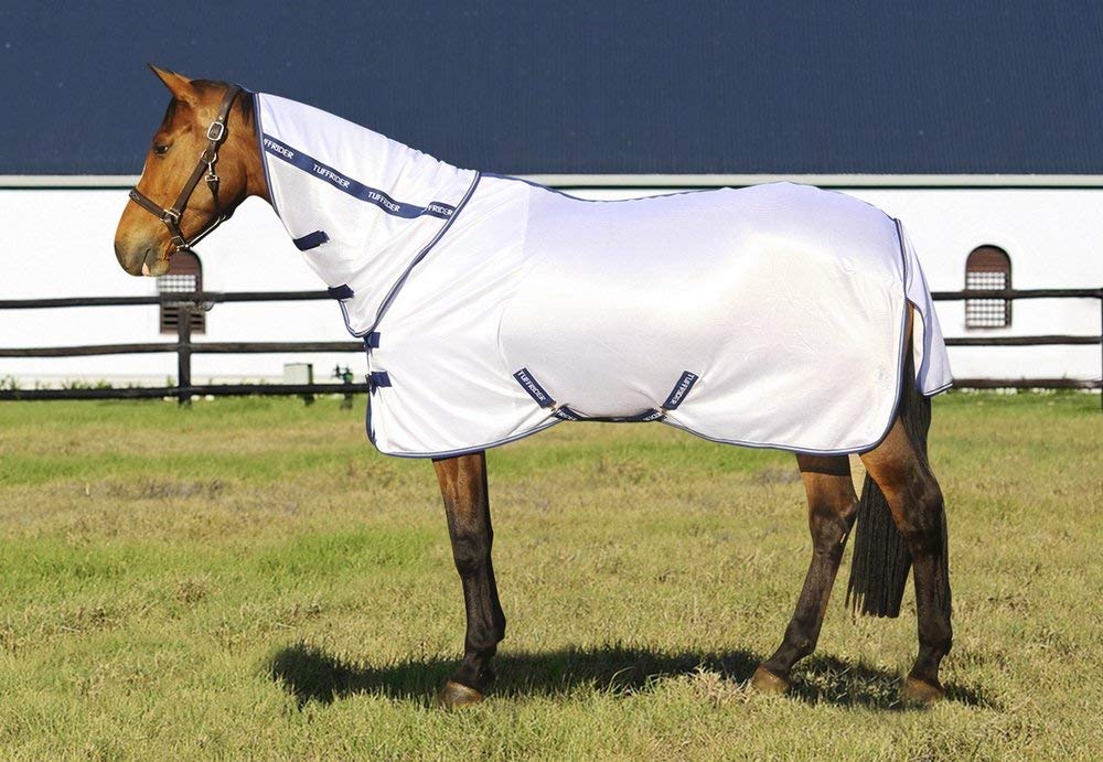TuffRider Fly Sheet vista frontal, protege la piel y reduce picaduras de insectos.