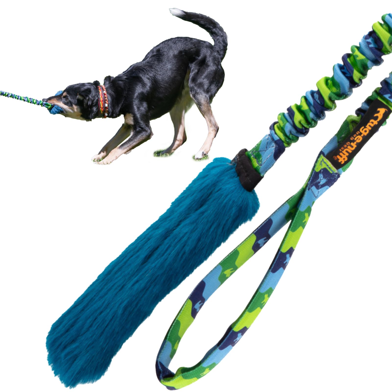 Tug-E-Nuff Bright Fauxtastic con mango doble y cordón elástico para entrenamiento interactivo