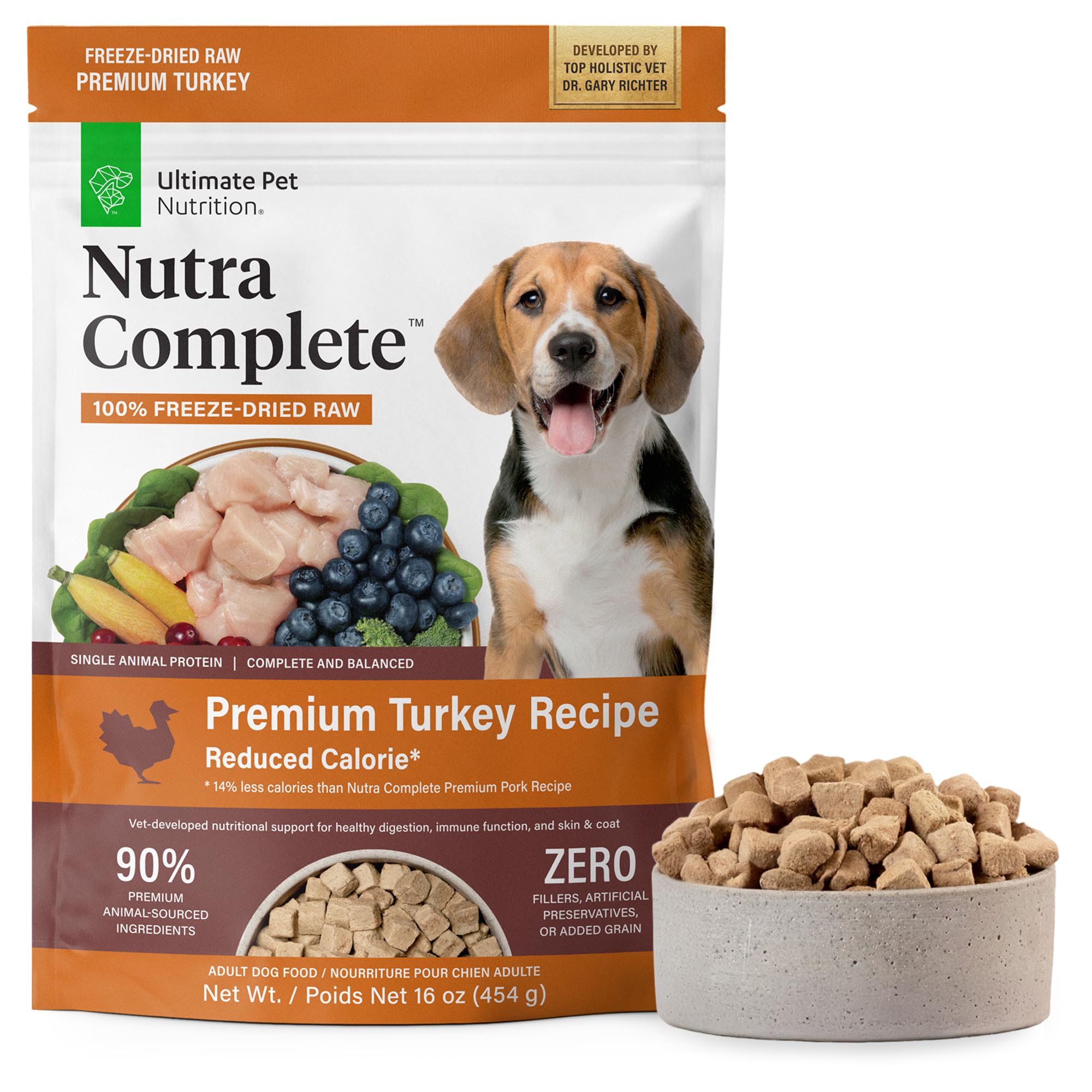 Nutra Complete de Ultimate Pet Nutrition: porciones de pavo liofilizado para perros, práctica y sabrosa.