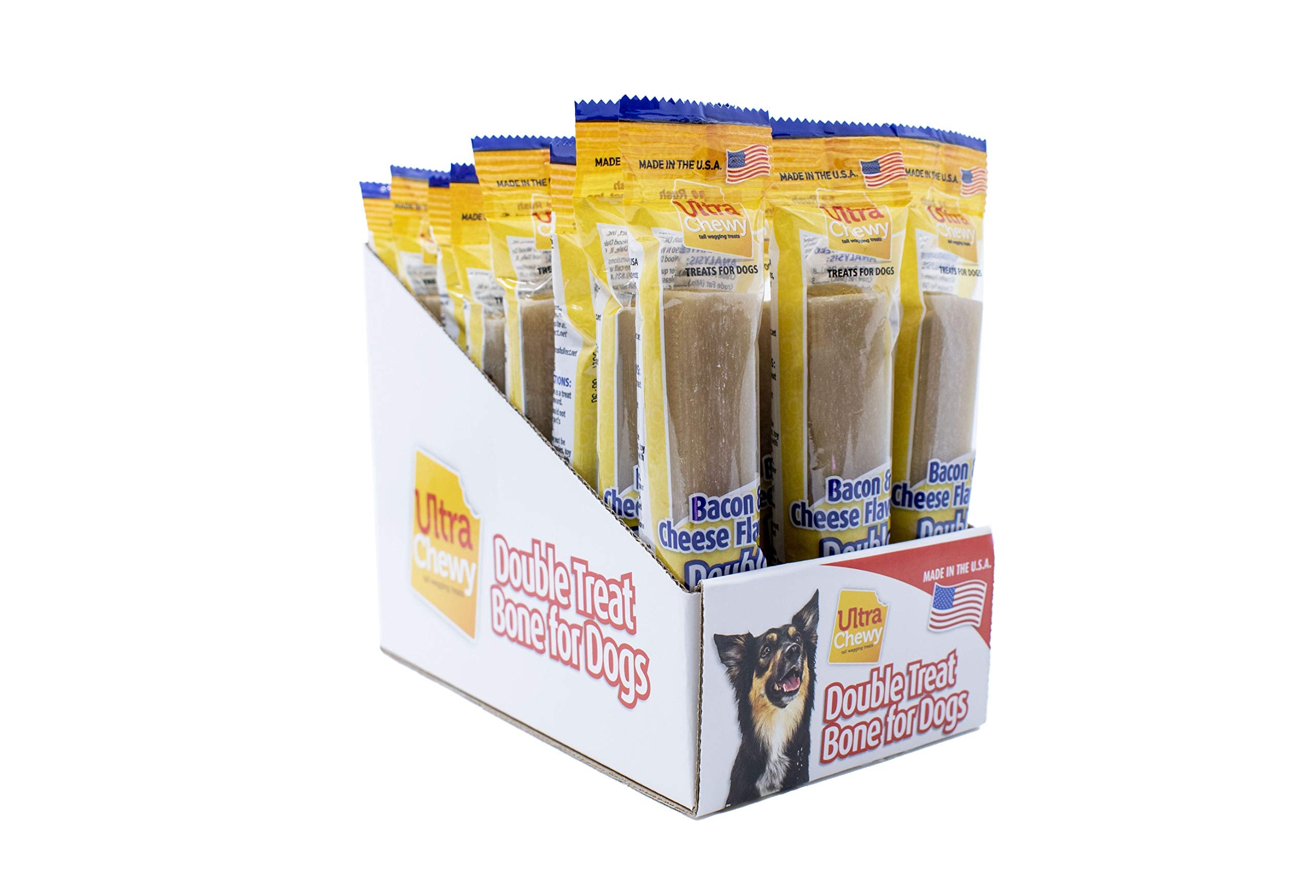 Ultra Chewy Double Treat Bones con sabor bacon-queso para masticación prolongada.