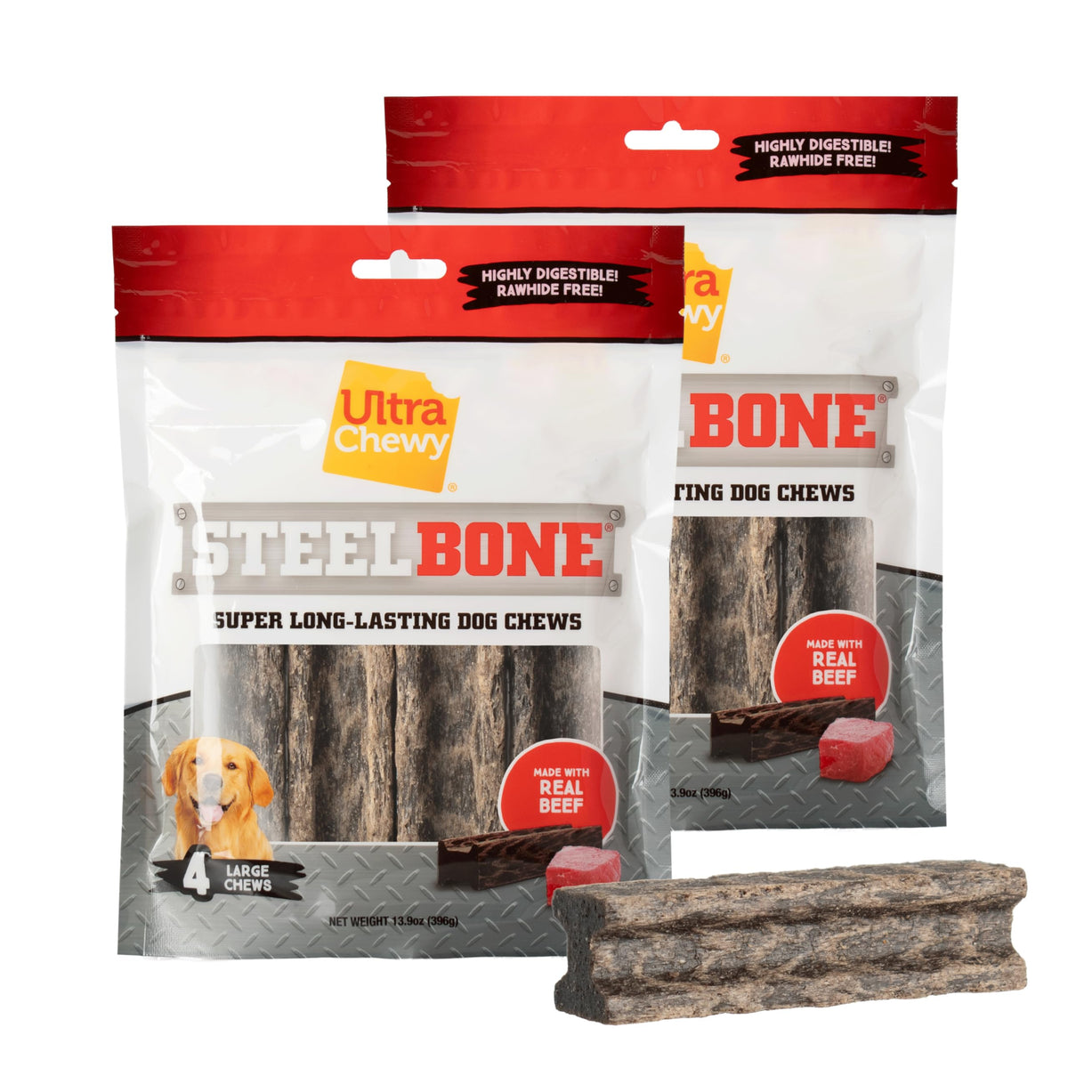 Ultra Chewy huesos de acero grande sabor a res, promueven masticación prolongada y limpieza dental.