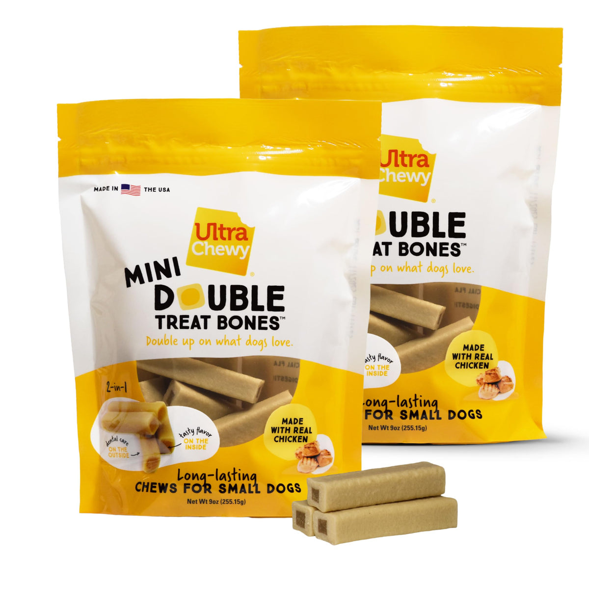 Ultra Chewy Mini Double Treat Bones capa externa dura para morder más tiempo