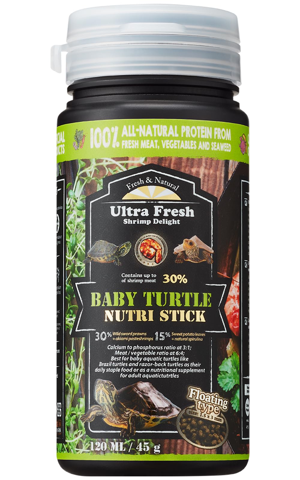 Ultra Fresh alimento flotante para tortugas bebés, empaque práctico para alimentar.
