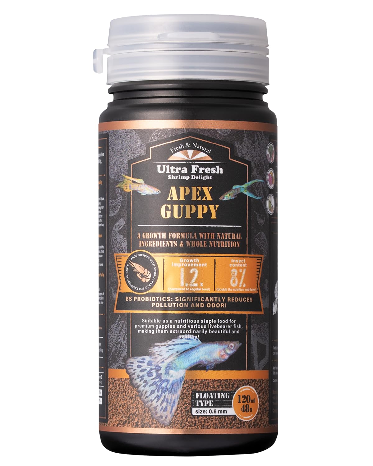 Ultra Fresh Apex Guppy en bote con alimento, fomenta crecimiento natural.