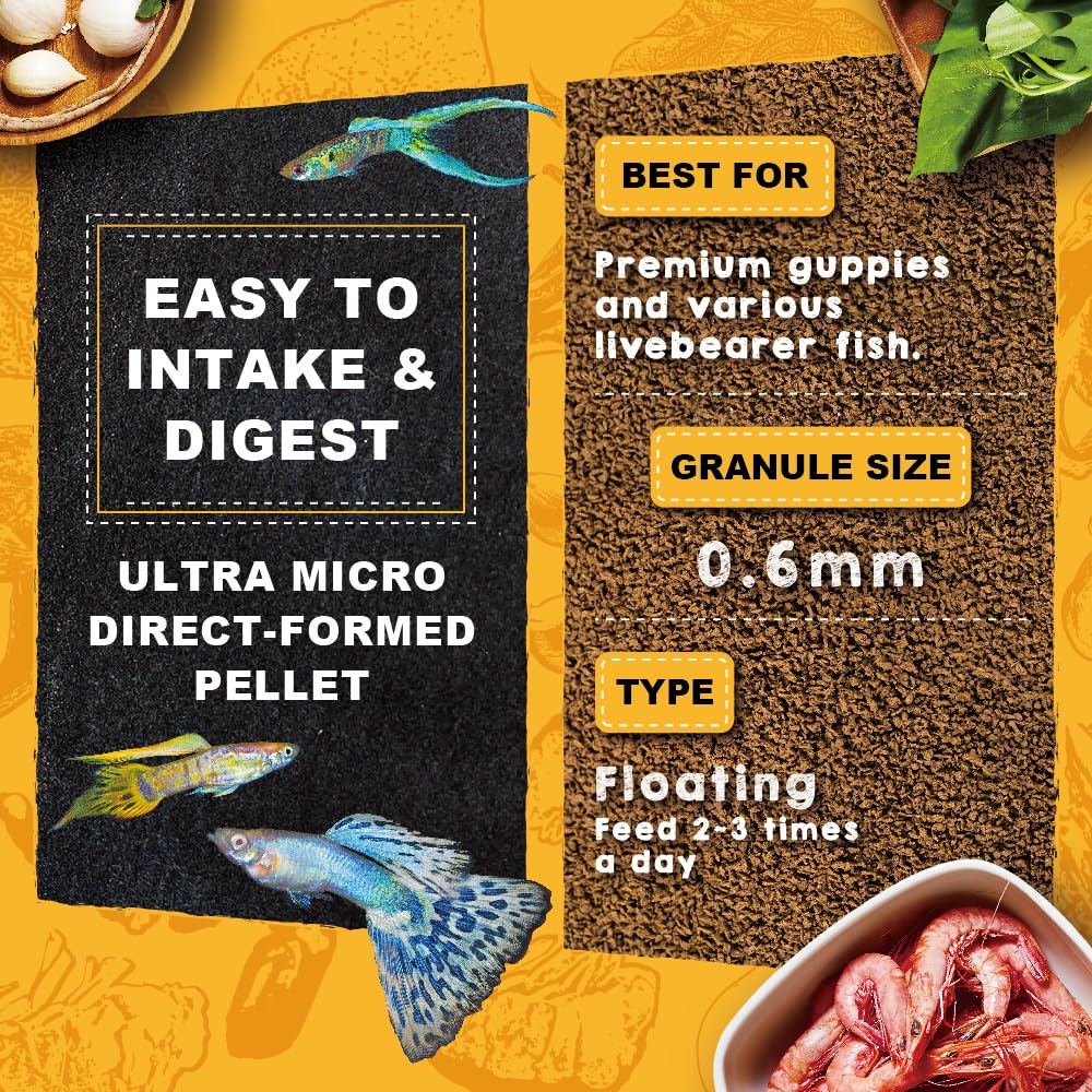 Ultra Fresh Apex Guppy peces comiendo, favorece coloración natural y salud general.