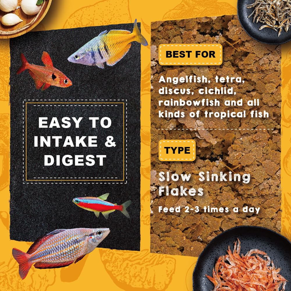 Ultra Fresh Flakes Tropical colores naturales realzan tonos brillantes en los peces.