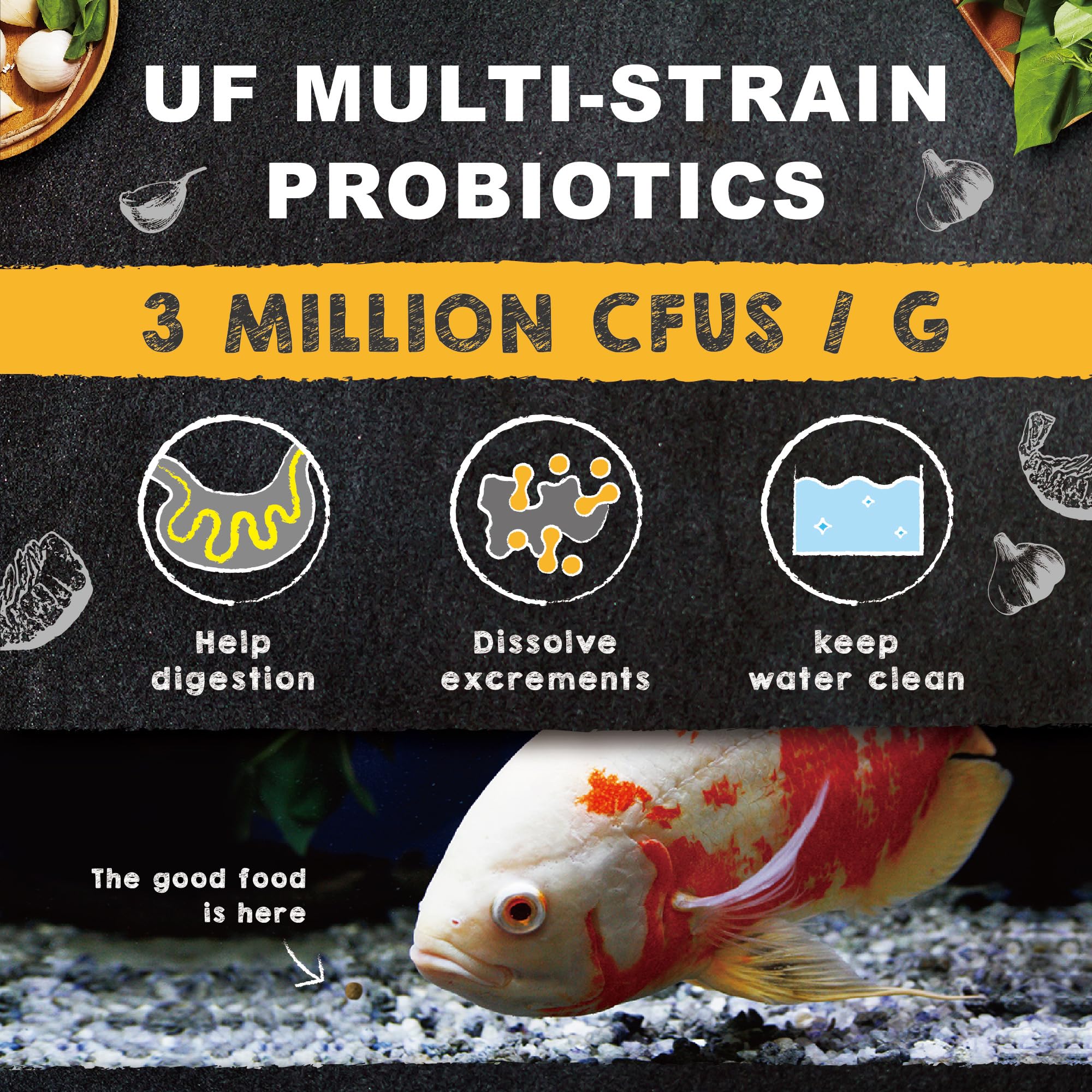 Probióticos 3 millones CFU/g de Ultra Fresh Royal Cichlid para salud intestinal y agua limpia.