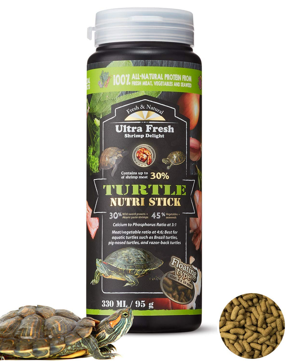 Ultra Fresh Turtle Nutri Stick mezcla vegetales y algas para una dieta equilibrada.