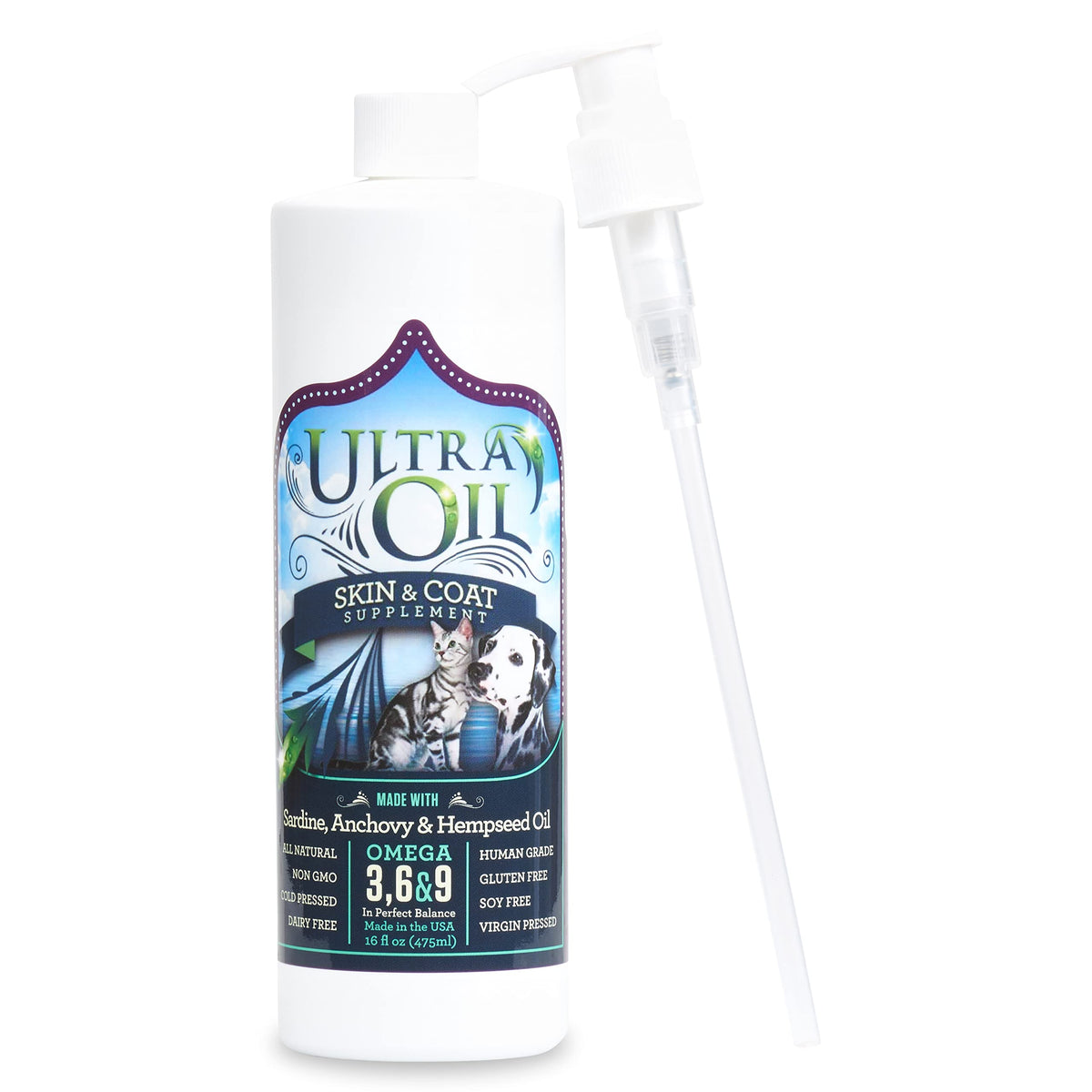 Ultra Oil Skin & Coat Supplement vertido sobre la comida para perros y gatos, fácil de usar.