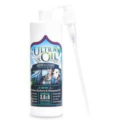 Ultra Oil Skin & Coat Supplement vertido sobre la comida para perros y gatos, fácil de usar.
