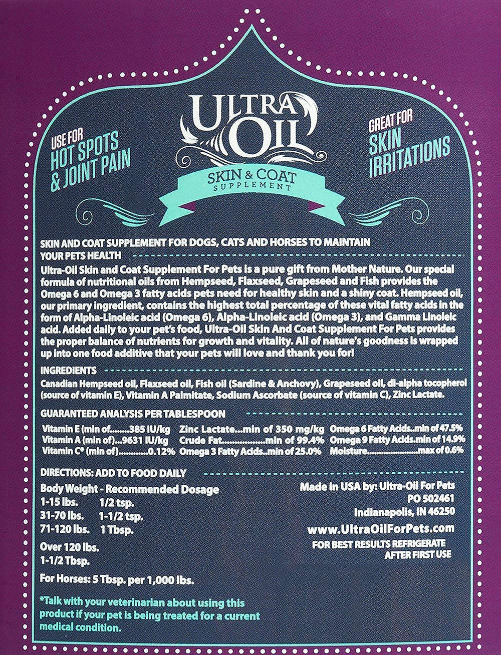 Ultra Oil Skin & Coat Supplement empaque de 16 oz para uso diario.