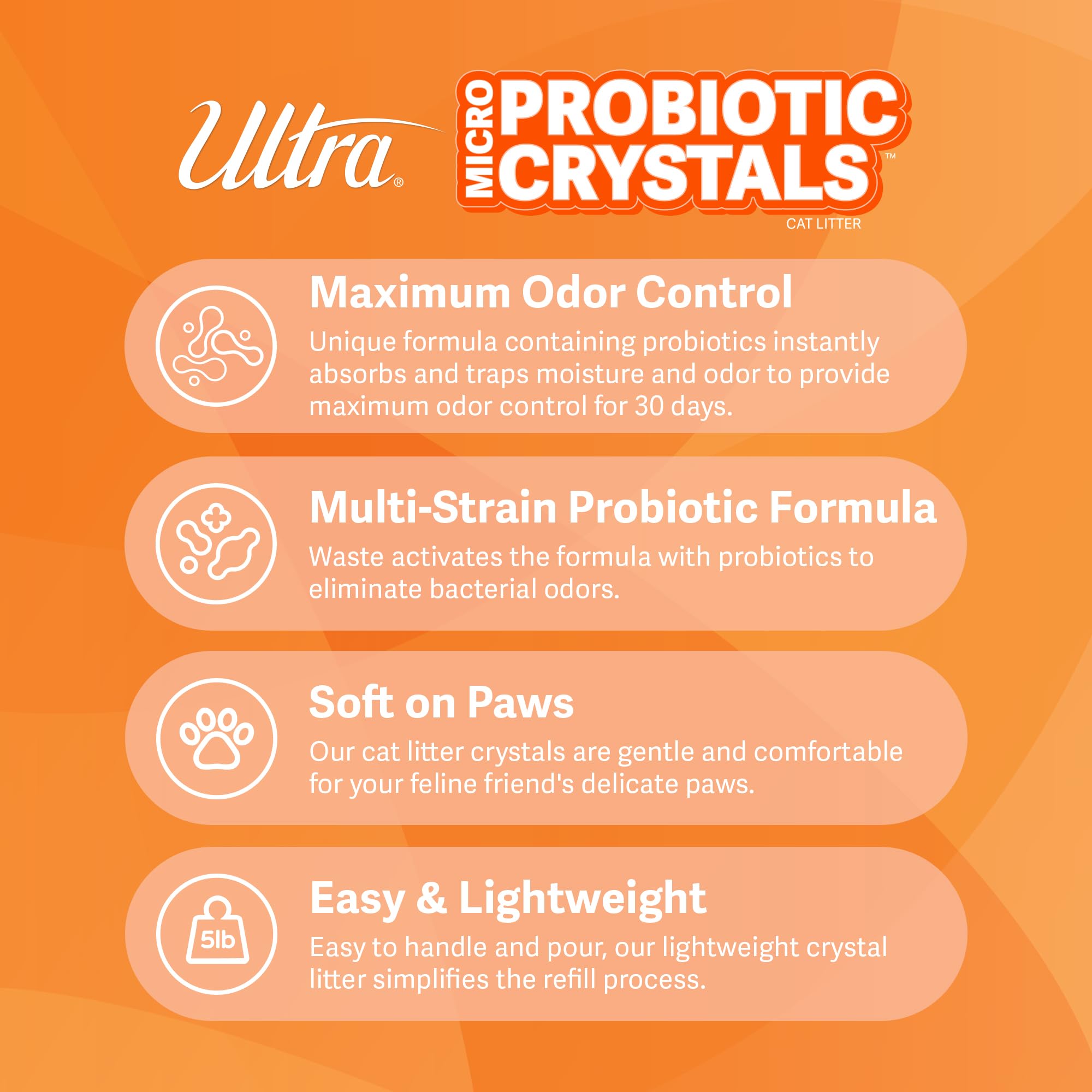 ULTRA Probiotic Crystals, gato caminando sobre arena suave, confort diario