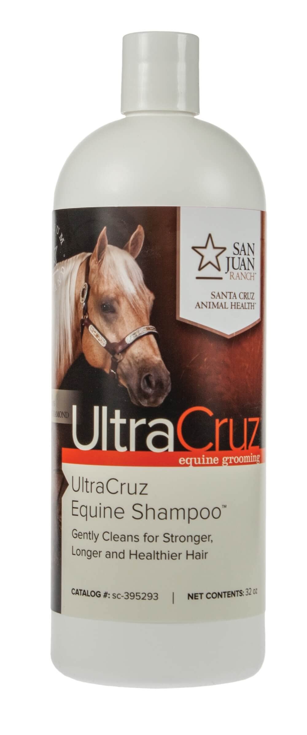 UltraCruz champú equino en botella vertiendo, limpieza suave para el pelaje