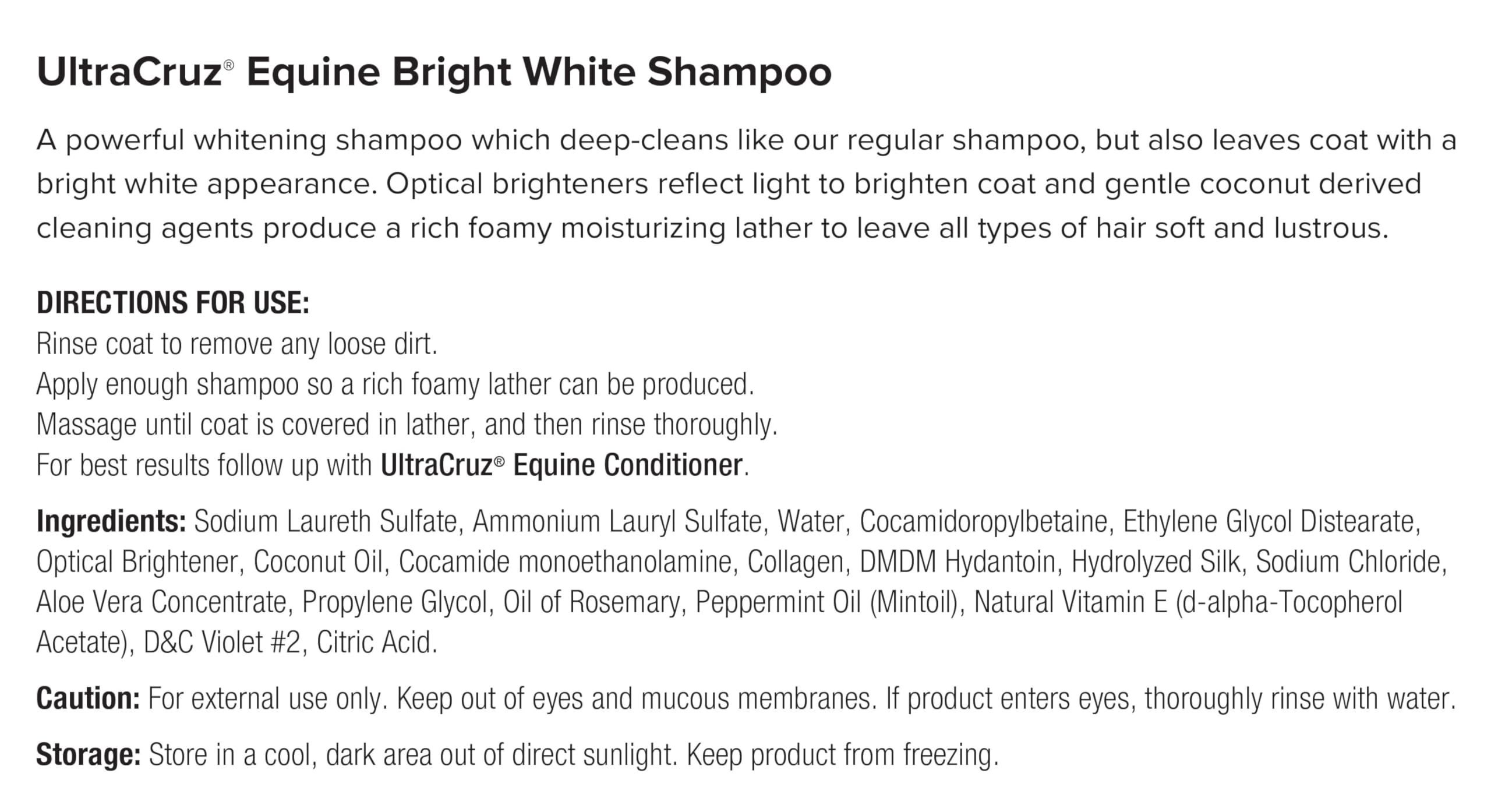 UltraCruz Equine Bright White Shampoo pelaje brillante y nutrido tras cada lavado.