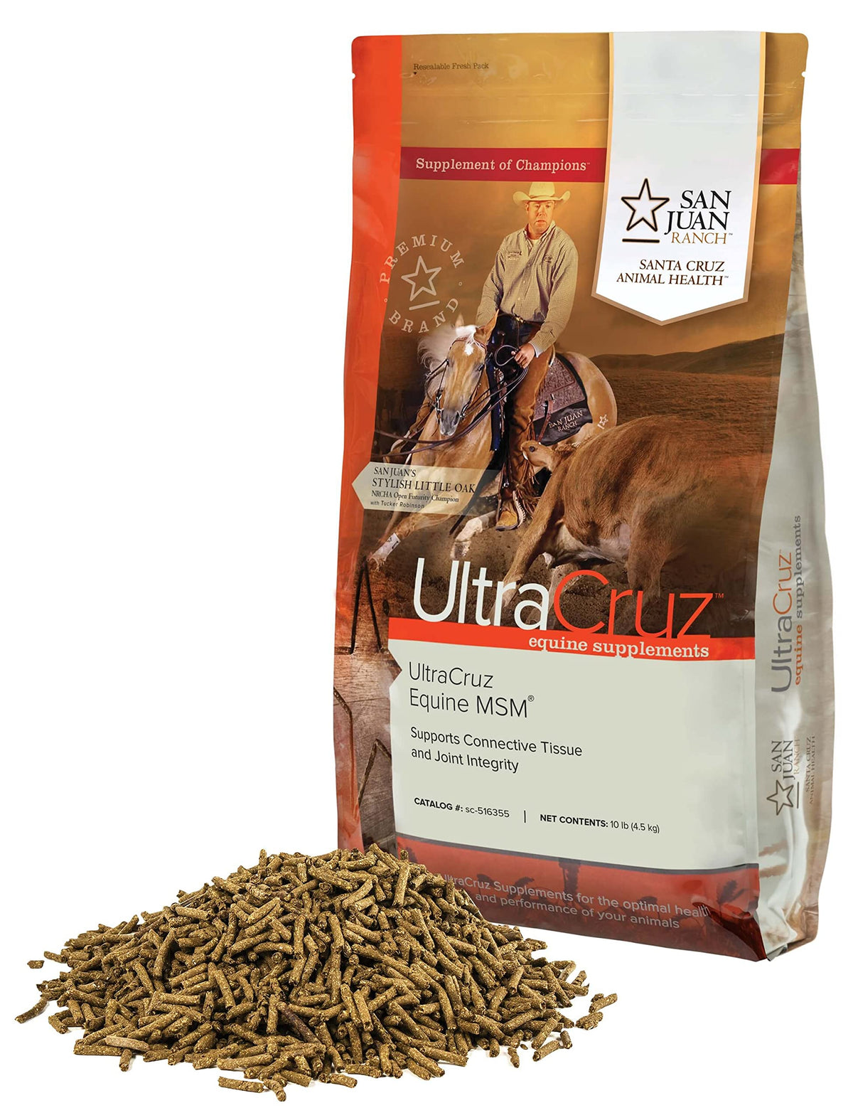 UltraCruz Equine MSM, empaque frontal, apoyo potencial a articulaciones y ligamentos.