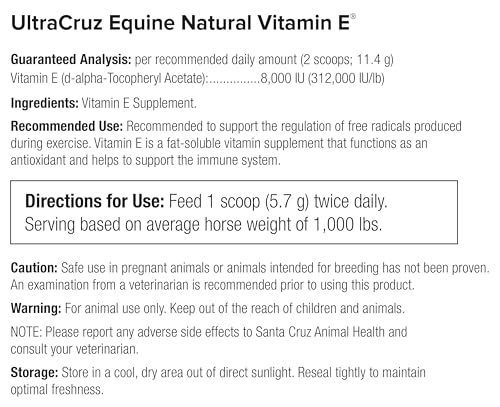 UltraCruz Equine Vitamin E en envase principal, dosificación sencilla para entrenamientos.