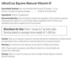 UltraCruz Equine Vitamin E en envase principal, dosificación sencilla para entrenamientos.