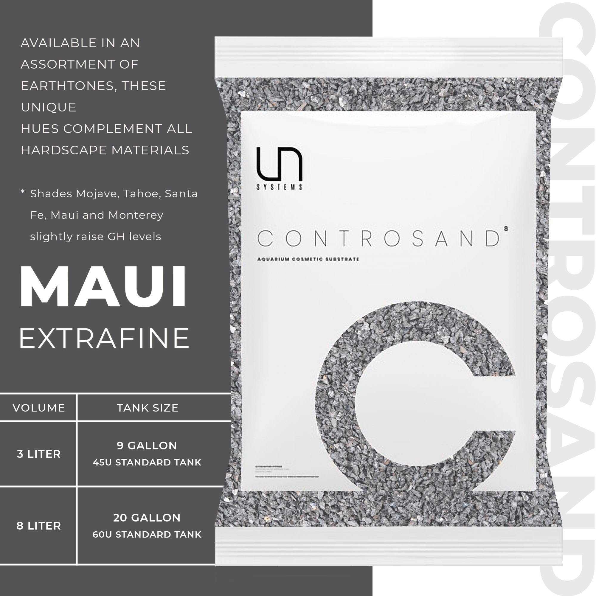 UNS Controsand Maui, acuario plantado de estilo minimalista con sustrato negro.