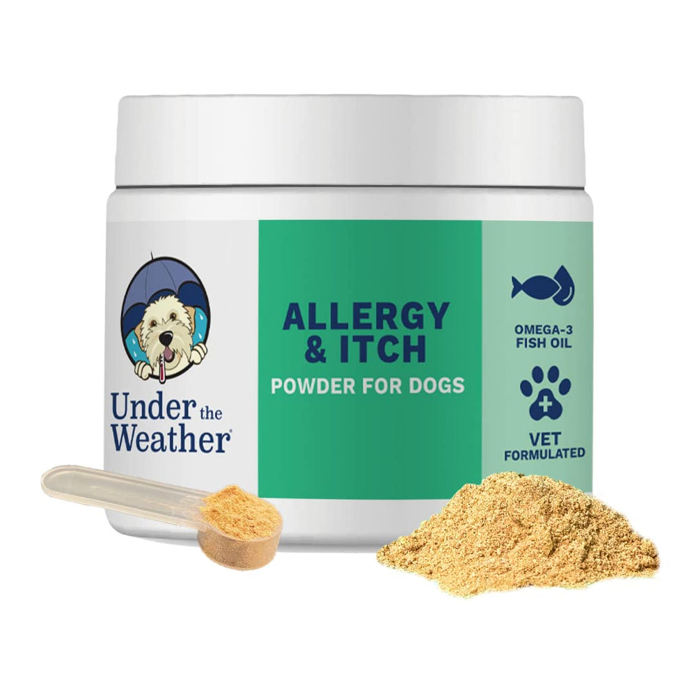 Under the Weather: polvo en bote con cuchara para apoyar la comodidad estacional del perro.