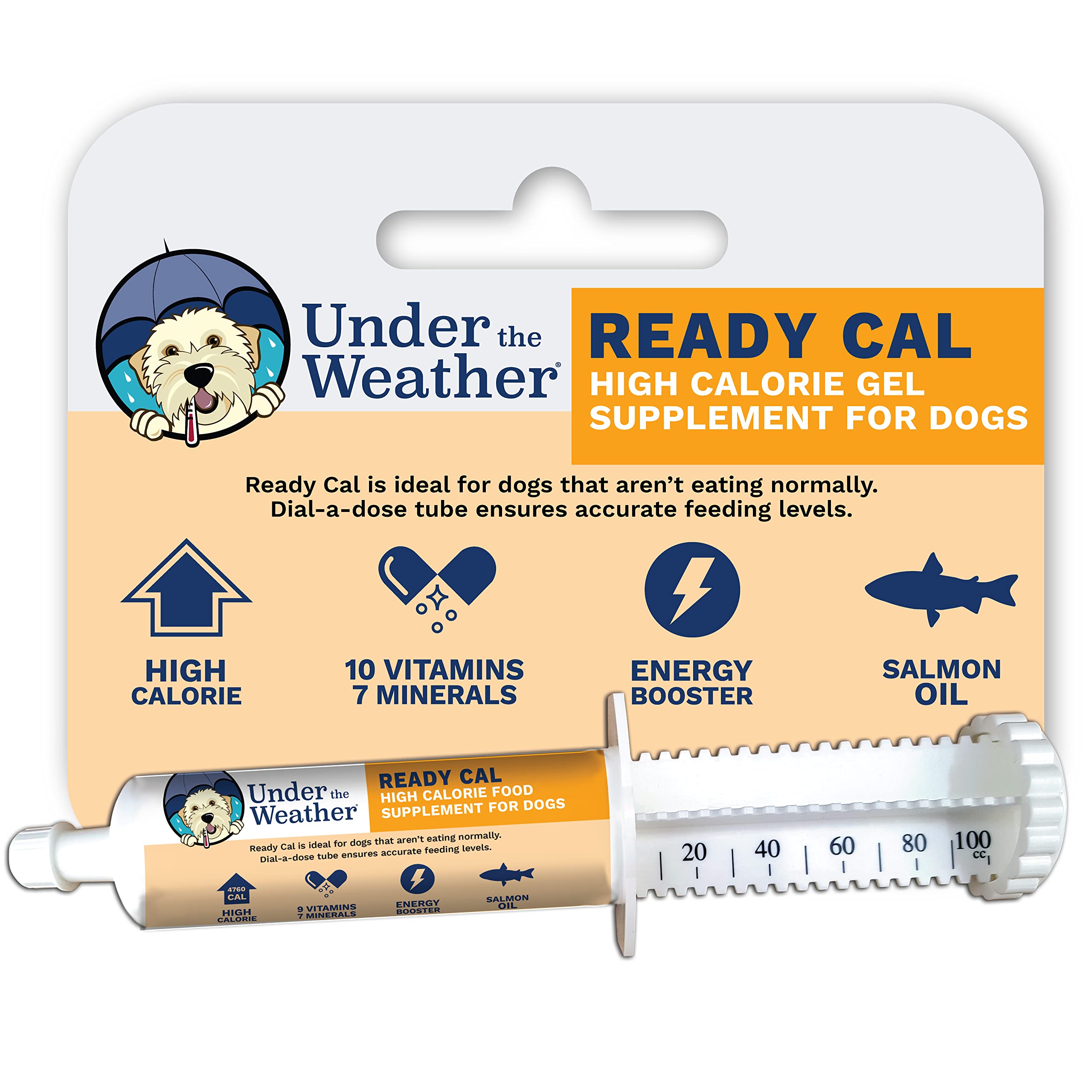 Under the Weather Ready Cal para perros, envase con dosificación ajustable para dosis precisas.