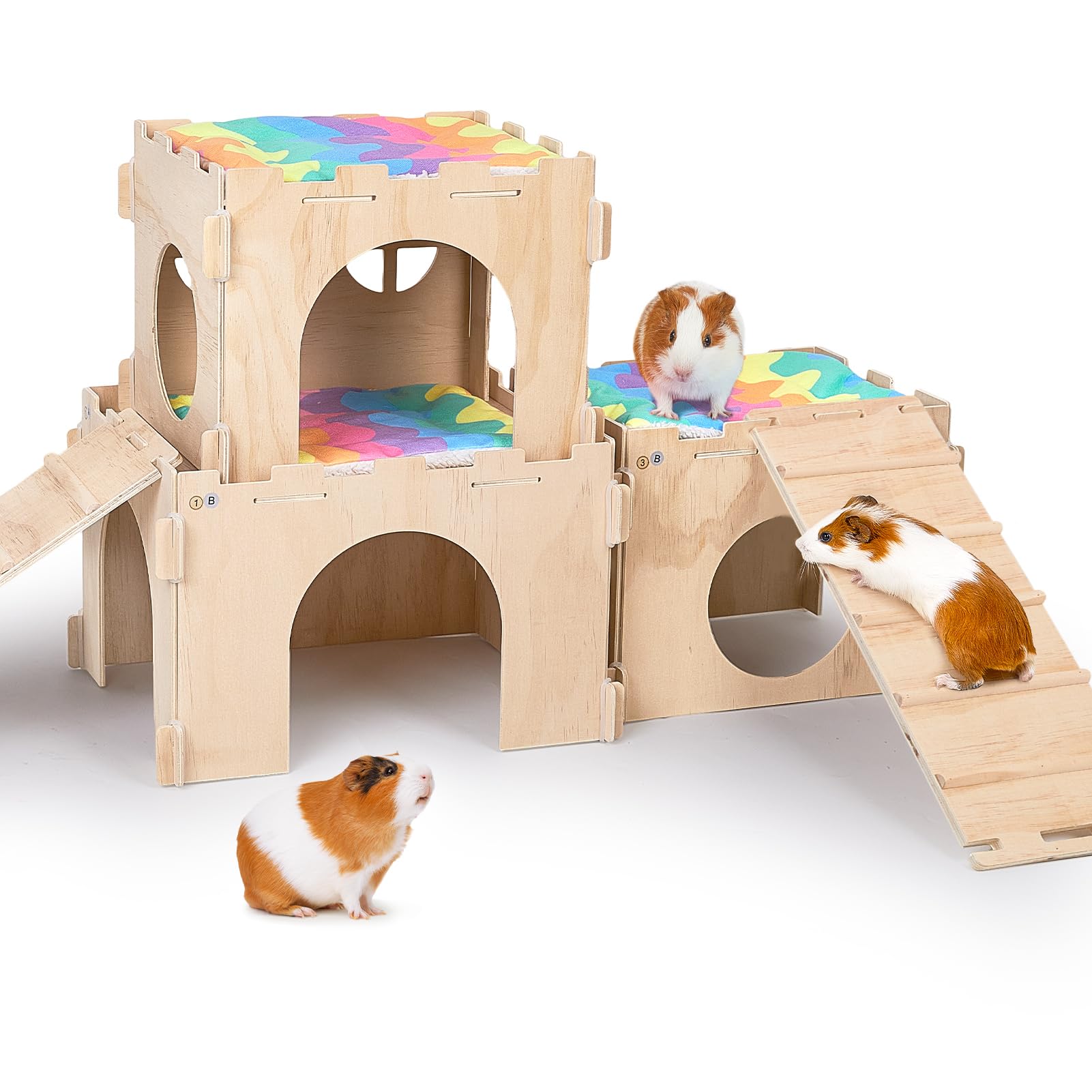 Casita Unicorn Catcher para cobayas con escaleras, ideal para descansar y jugar.
