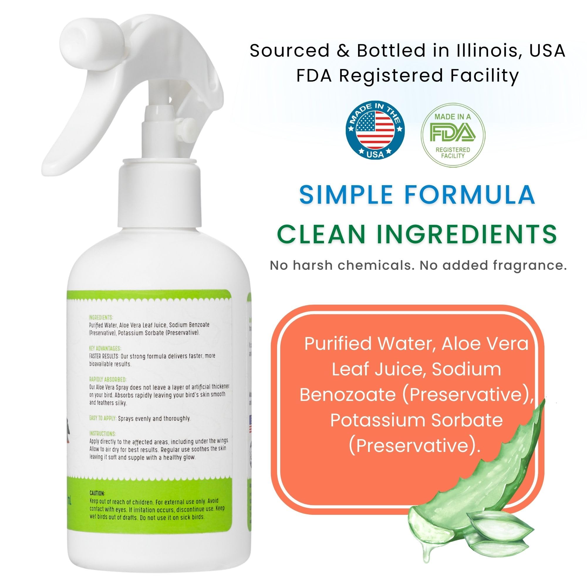 UnRuffledRx Aloe Vera Bird Spray: aplicación rápida para plumaje brillante.