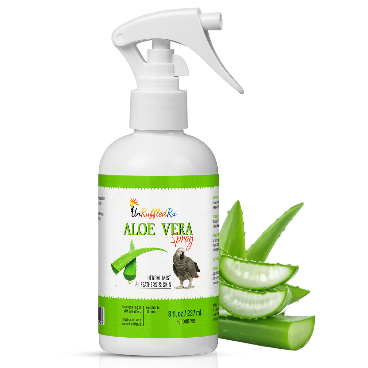 UnRuffledRx Aloe Vera Bird Spray: botella para limpiar plumas y suavizar plumaje.