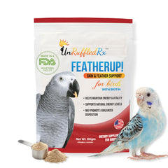UnRuffledRx FeatherUp! botella con dosis para aves, fácil dosificación.