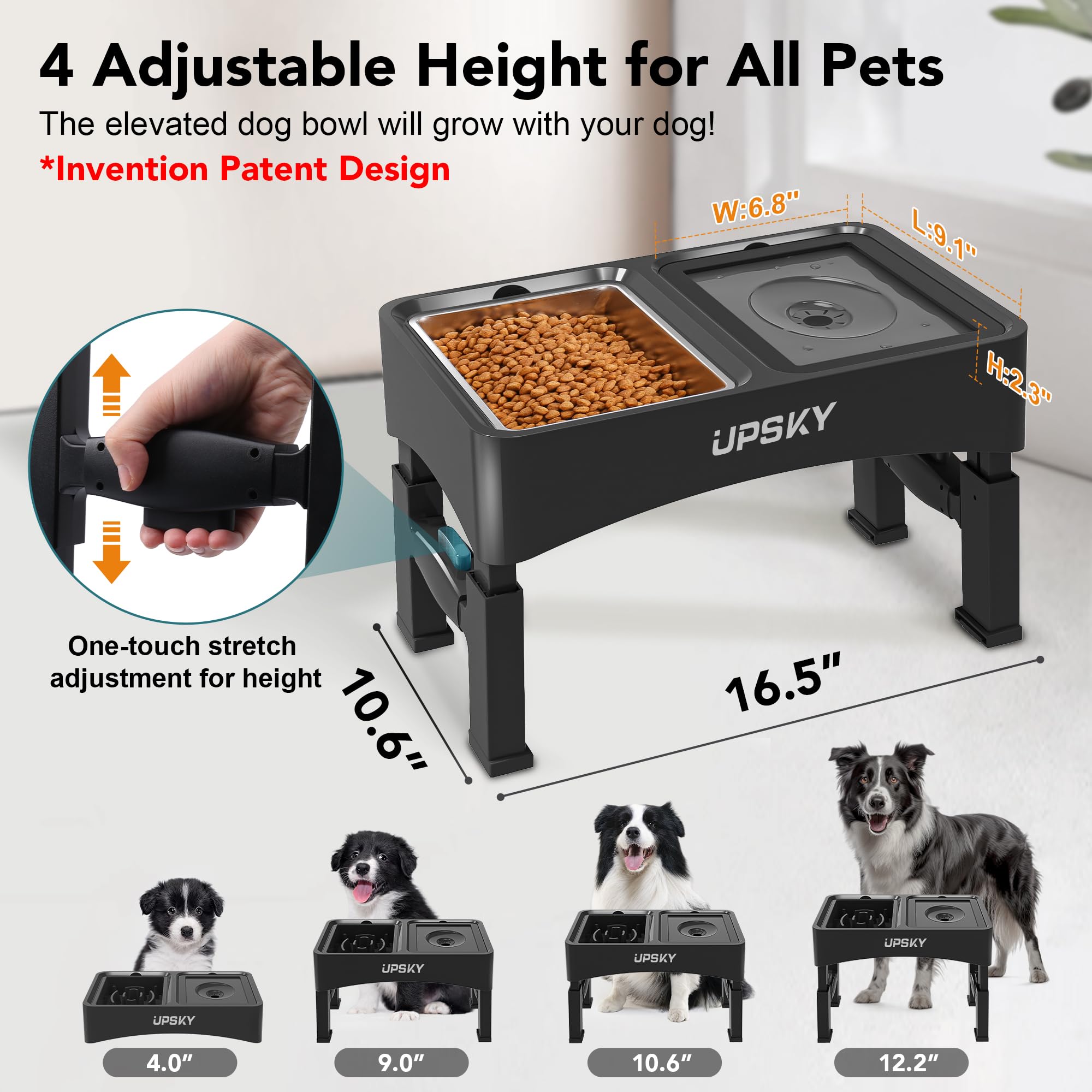 Upsky ajuste con botón para altura, facilita comidas desde cachorros hasta adultos.