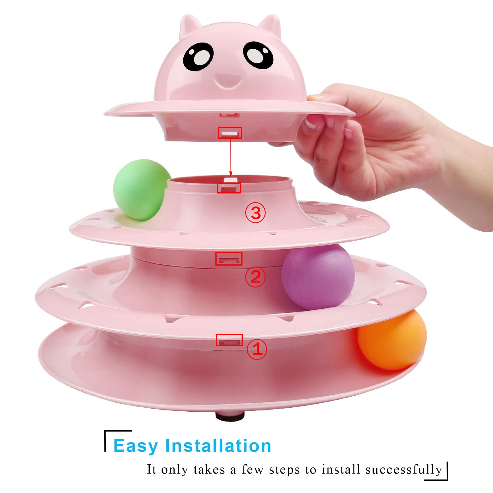 Upsky jouet pour chat à plateau rotatif avec tête de chat au sommet et niveaux multiples.