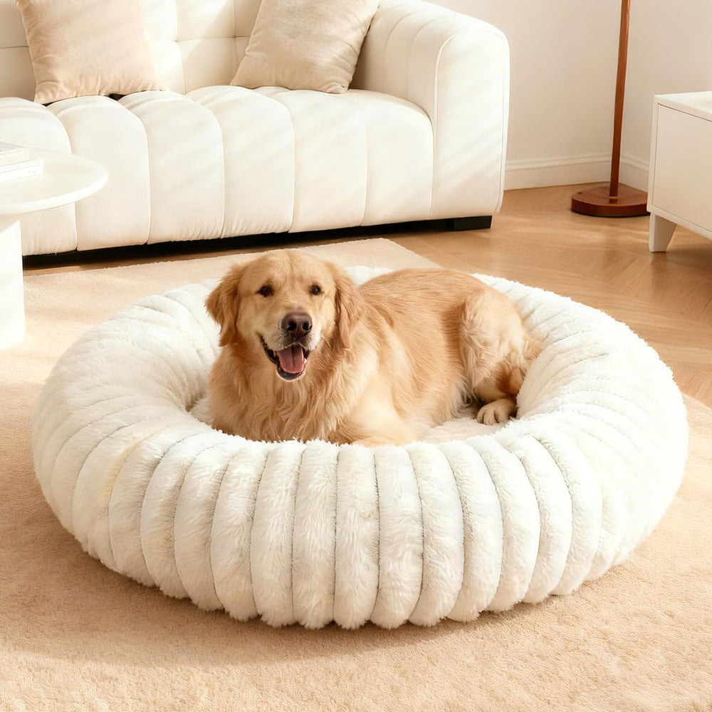 URGVANZ PET cama donut crema de 34 pulgadas para perros grandes, descanso cómodo.