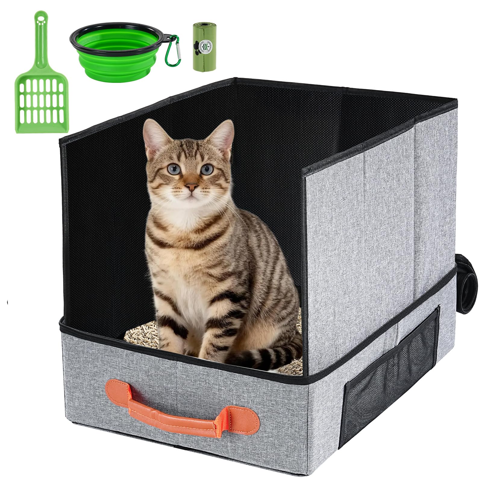 Uross caja de arena de viaje plegable, vista frontal, superficie impermeable para viajes sin fugas