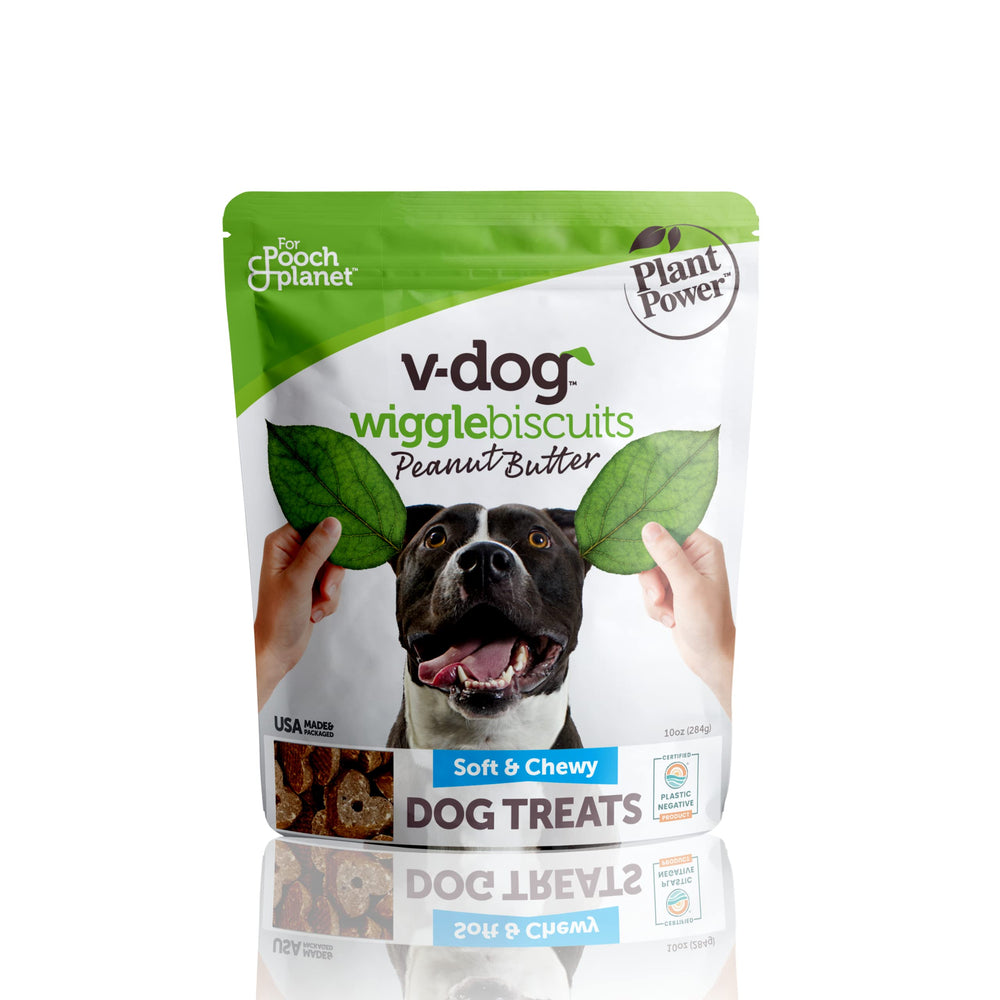 V-Dog galletas Wiggle orgánicas en empaque, snack saludable para perros.