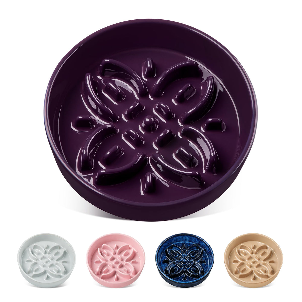 Vancasso cuenco ceramico lento para perro, vista frontal con diseño floral, ideal para comer pausadamente