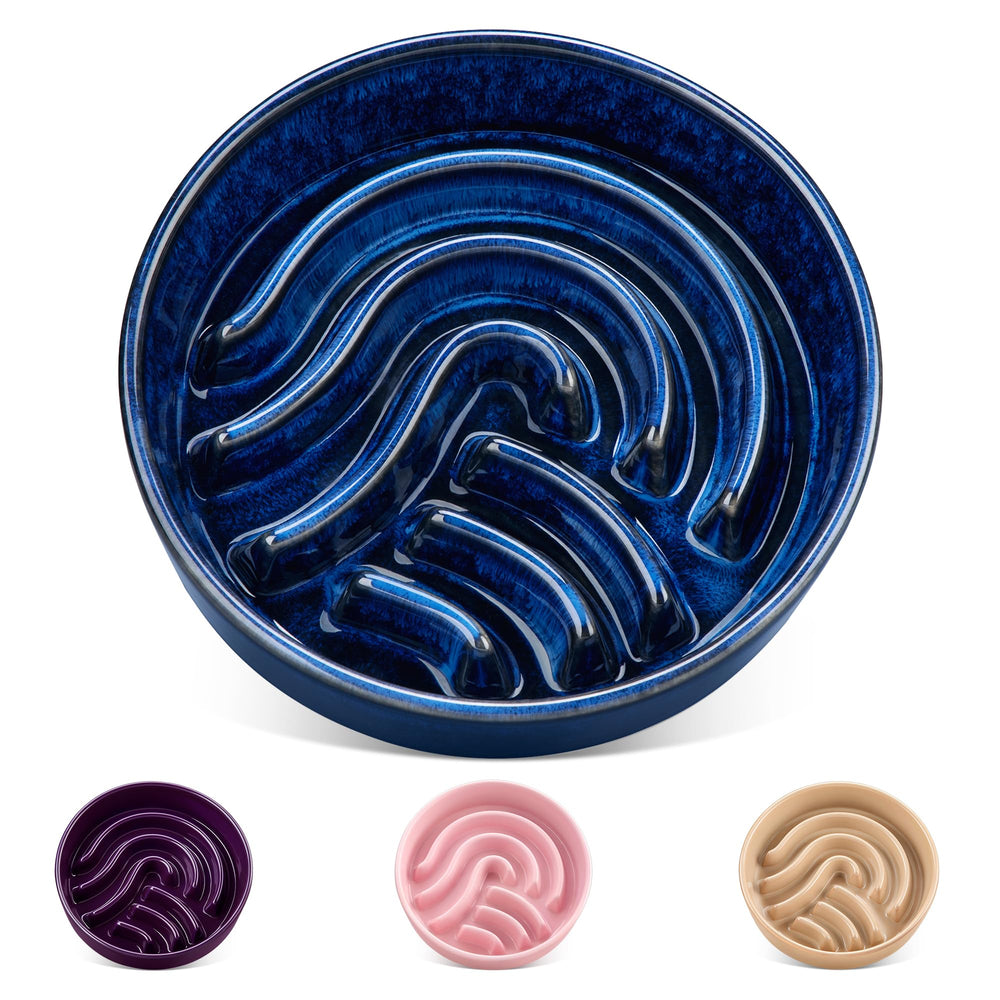 Plato lento para perros de vancasso en cerámica azul, ideal para comer más pausadamente.