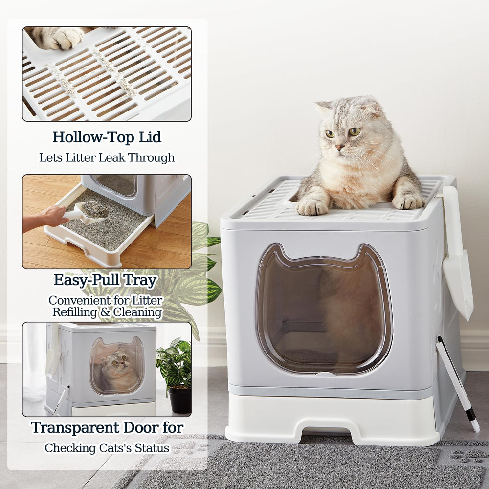 Vealind caja litter con puerta transparente ajustable, monitoriza residuos y ofrece entrada flexible.