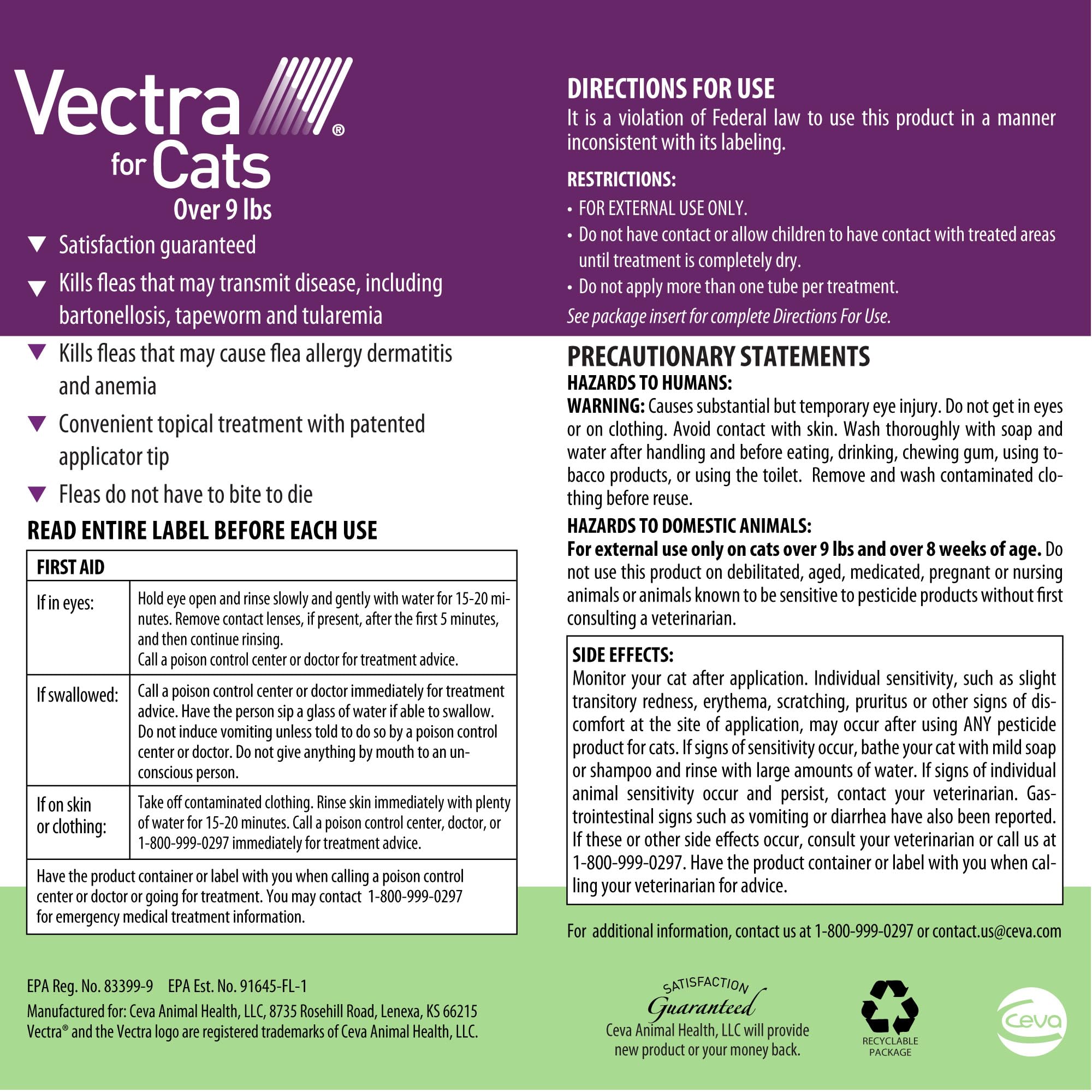 Vectra Gatos Grandes, protección corporal completa contra pulgas.