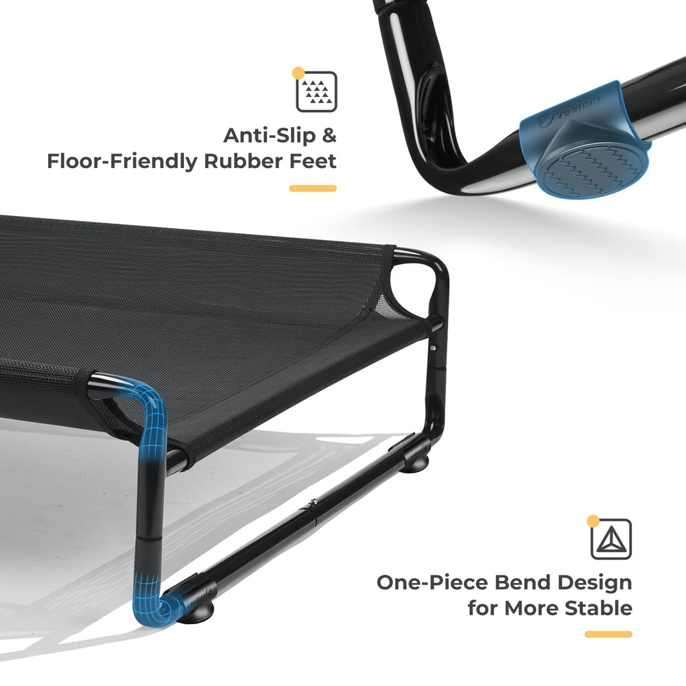 Veehoo: cama elevada con malla transpirable para buena ventilación.