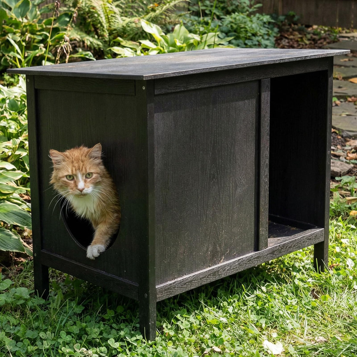 Veehoo casa-gato exterior, vista frontal, refugio impermeable para felinos ferales.