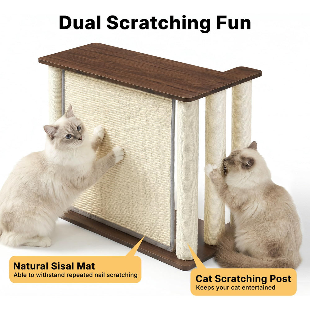 Mesita de esquina Veehoo con panel de arañar para gatos y superficie estable.