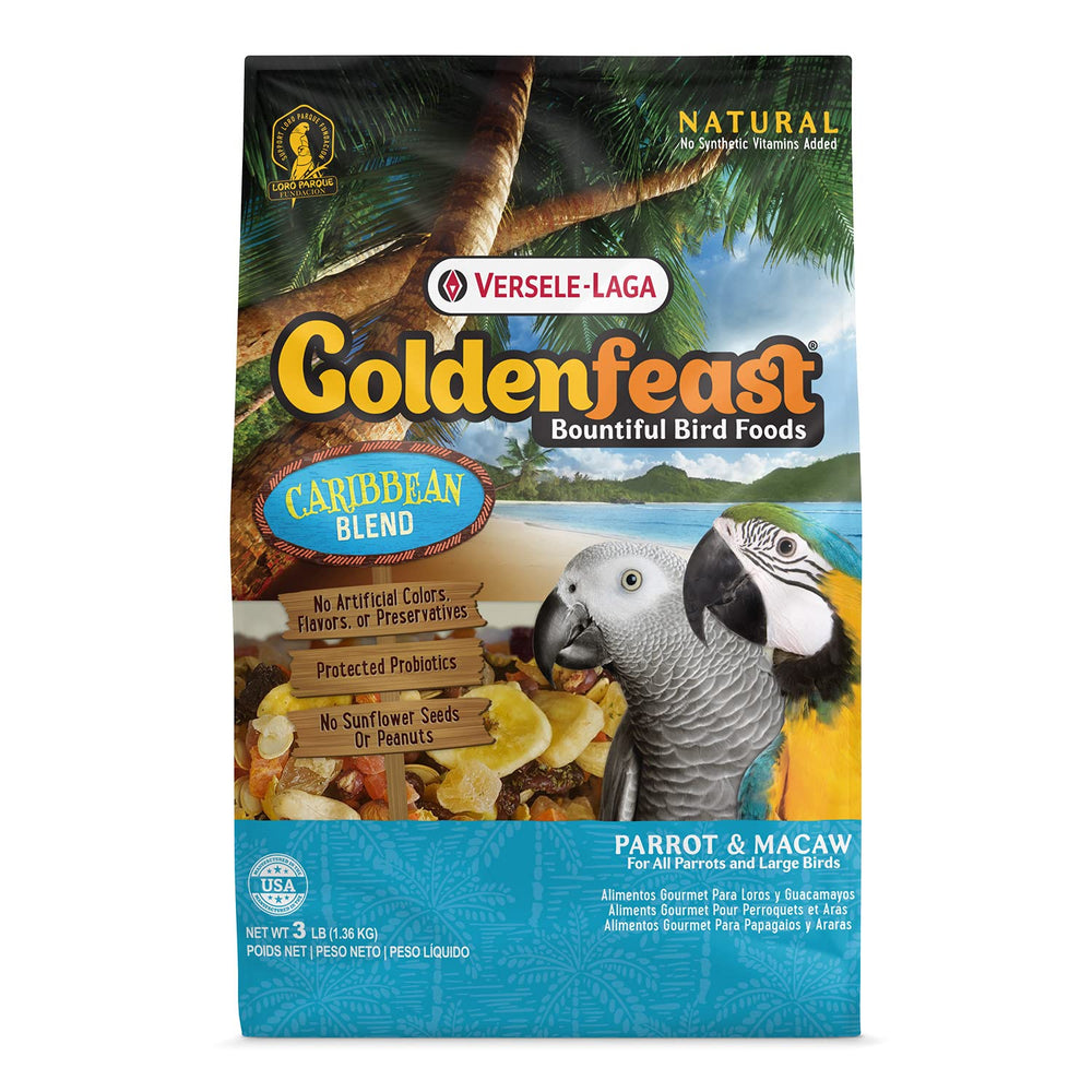 Versele-Laga Goldenfeast Caribbean Blend, bolsa de 3 lb para aves grandes, fomenta el forrajeo variado.