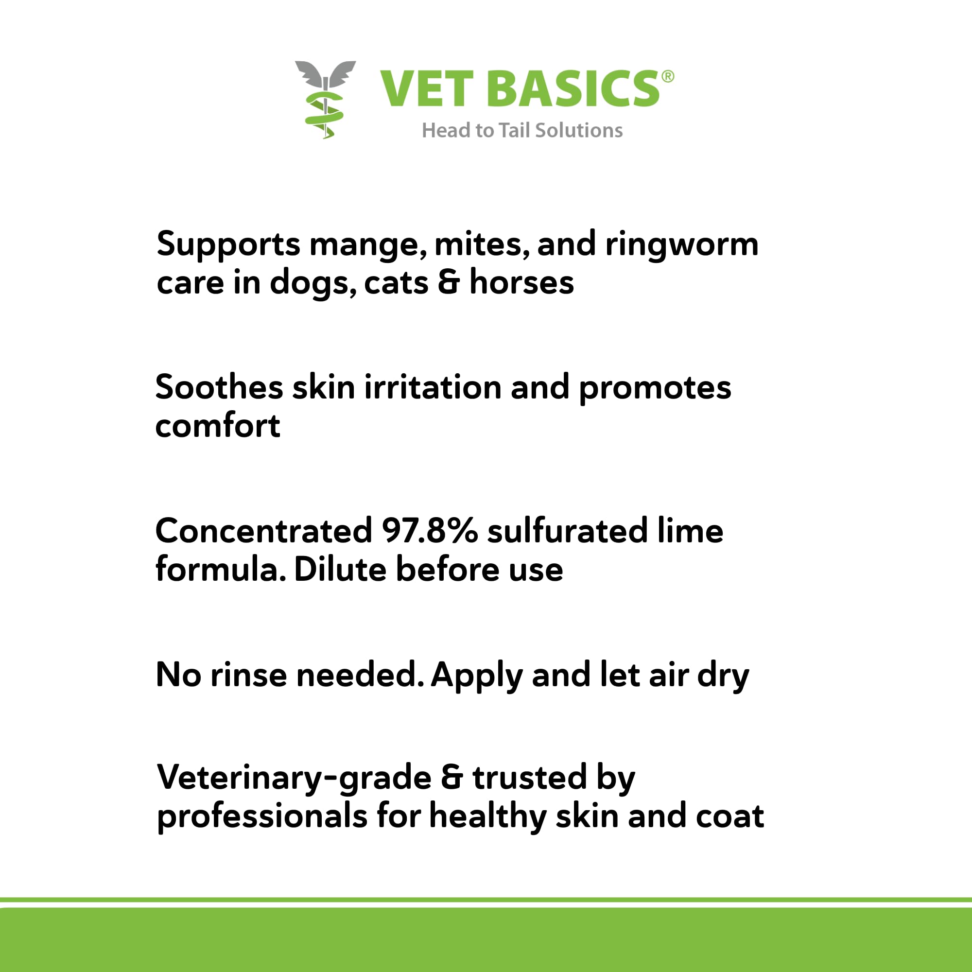 Vet Basics Lime Sulfur Dip, uso profesional en caballos y mascotas para piel saludable.