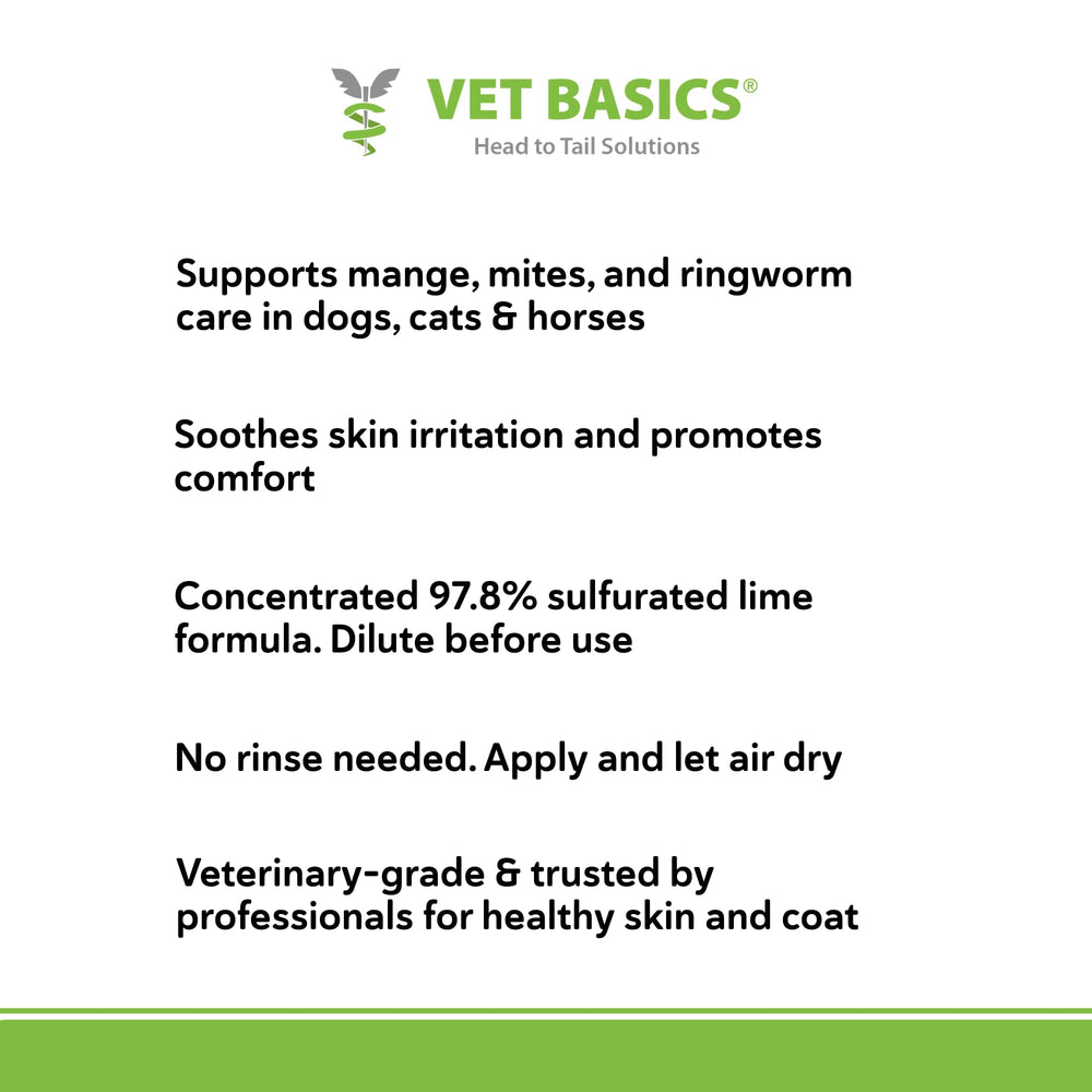 Vet Basics Lime Sulfur Dip, uso profesional en caballos y mascotas para piel saludable.