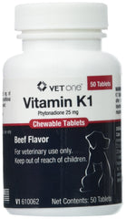 Vet One Vitamina K1 tableta masticable sabor carne para perros y gatos.