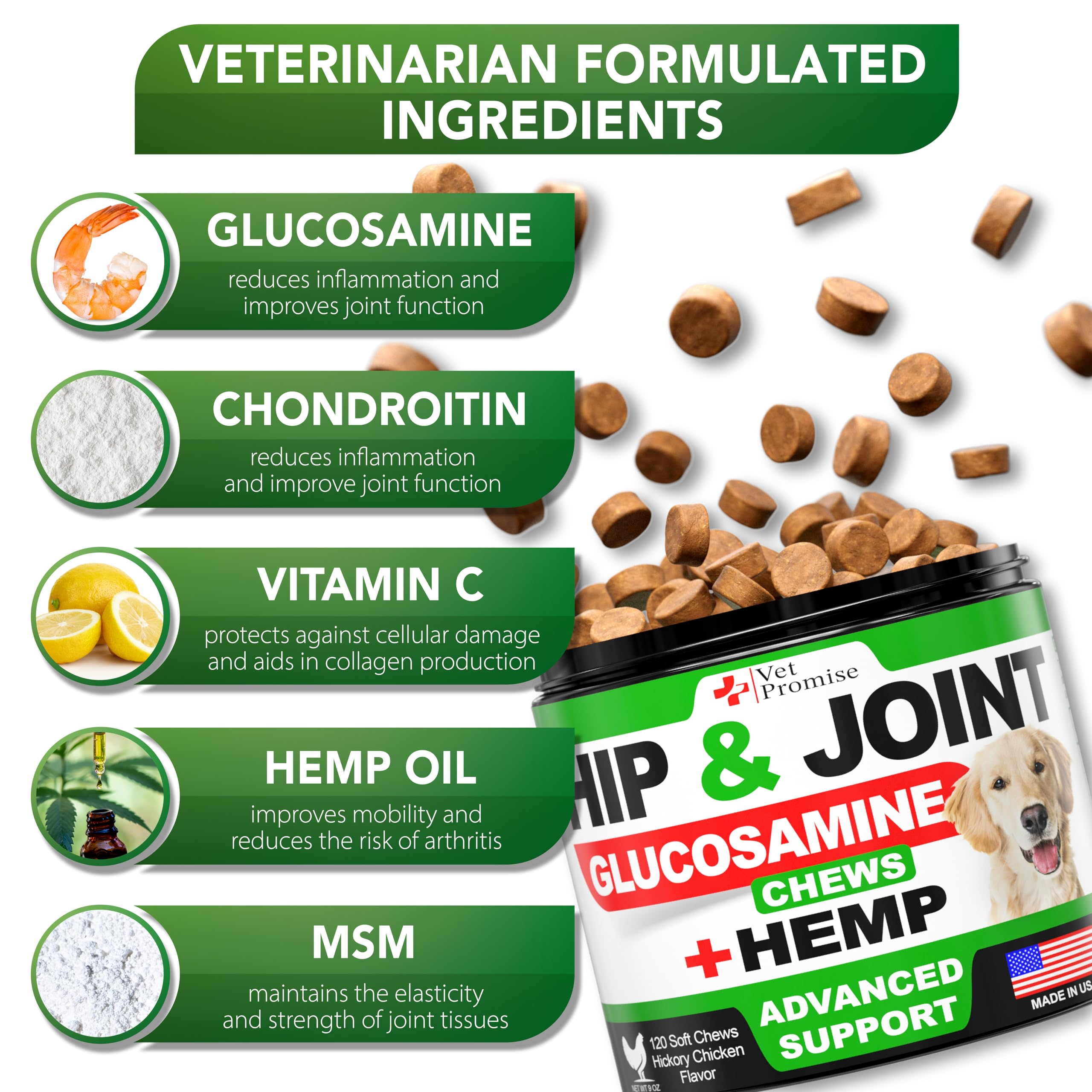 Vet Promise ingredientes cáñamo y glucosamina, posible soporte articular.