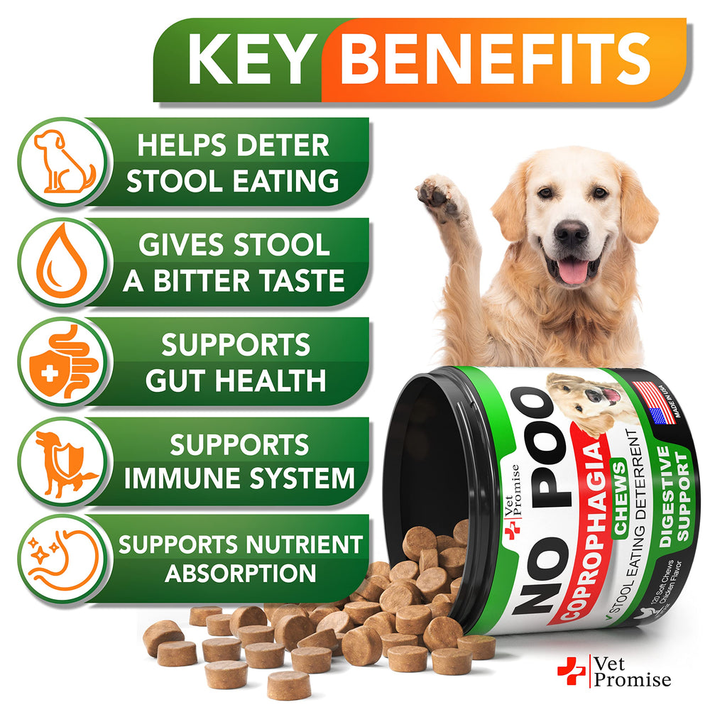 Vet Promise No Poo Chews, golosinas suaves mostradas para premiar hábitos saludables.